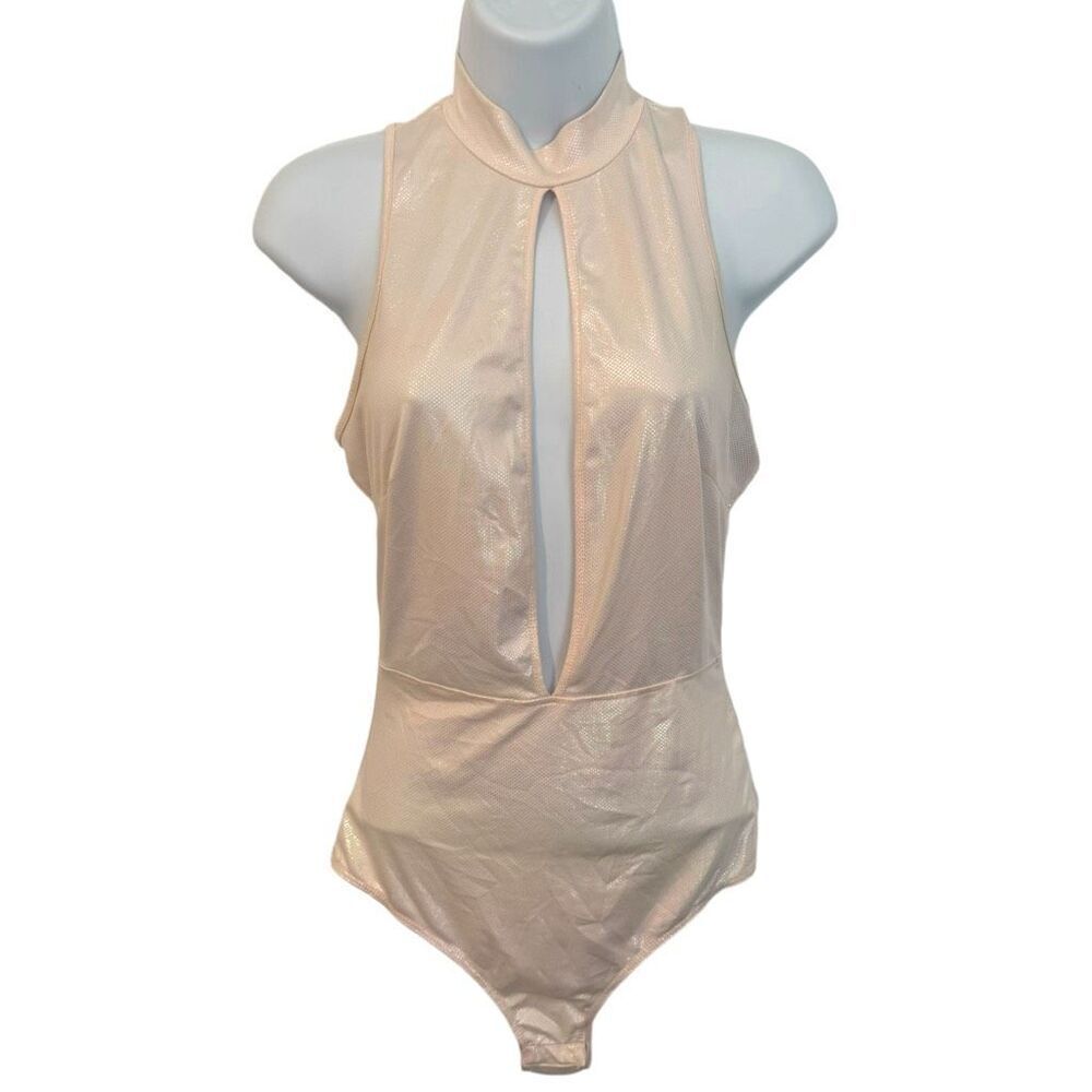 Bear Dance Metallic Pink Sleeveless Bodysuit Cut Out Front Women’s Size Small